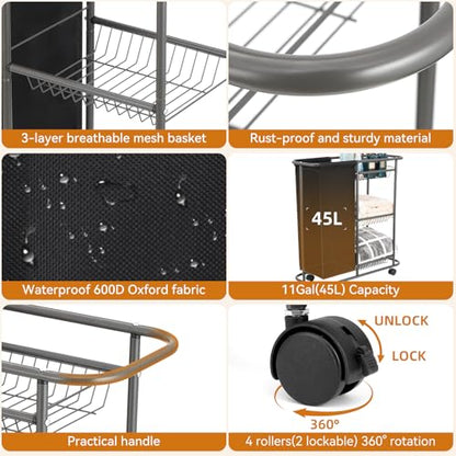 3-Tier Rolling Laundry Cart with Wheels and 45L Bag, Black | Between Washer and Dryer, Heavy Duty, For Narrow Space Laundry Room Bathroom Bedroom - color: Black