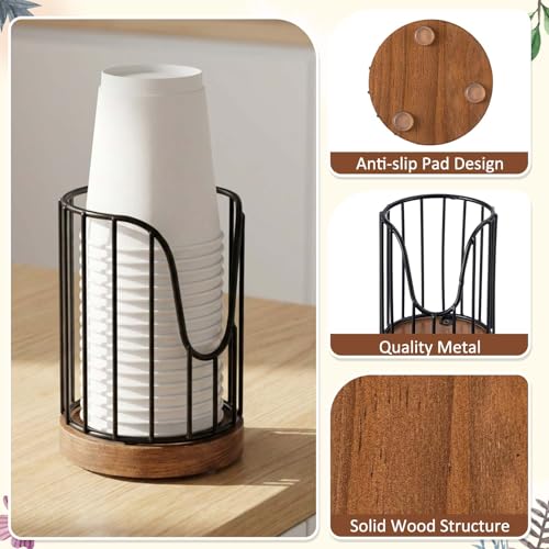 3 Pack Bathroom Cup Dispenser with Wood Stand for 3 oz Cups, Essential Guest Bathroom Accessories for Vanity Countertop Toothbrush Holders, Mouthwash Cup Dispenser, Cotton Pad Rack, Black