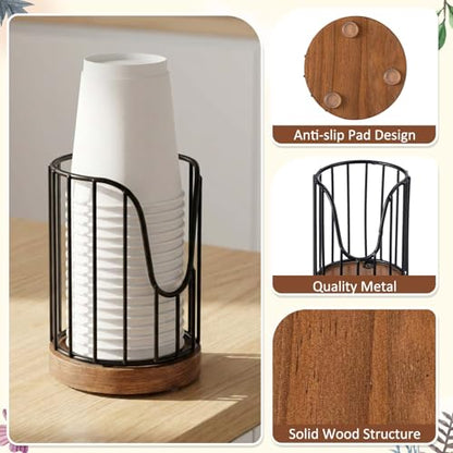 3 Pack Bathroom Cup Dispenser with Wood Stand for 3 oz Cups, Essential Guest Bathroom Accessories for Vanity Countertop Toothbrush Holders, Mouthwash Cup Dispenser, Cotton Pad Rack, Black