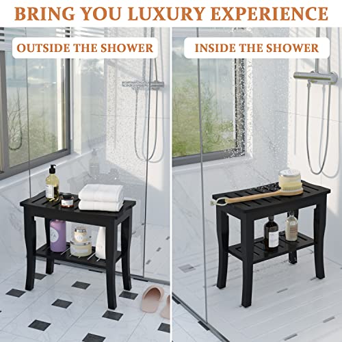 Domax Bamboo Shower Benches for Inside Shower - Bathroom Bench Seat Waterproof Wooden Shower Stool with Storage Shelf for Adults Elderly Seniors Wood Shower Chair for Bathtub or Small Spaces, Black