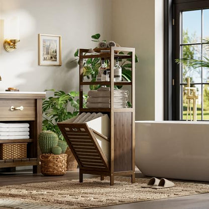 HITNET Bamboo Tilt Out Laundry Hamper, Bathroom Storage Cabinet with Hidden Removable Basket and 3 Open Shelves, Space Saving Bamboo Storage for Clothes, Towels and Toys, Walnut - color: Walnut