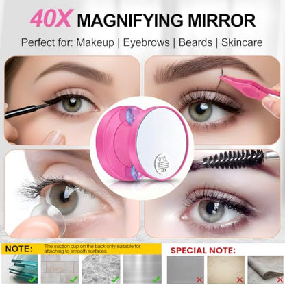 LED Lighted Tweezers & 40X Magnifying Mirror with Suction Cup Set, 2 in 1 No-Hands Makeup Mirror with Light and Precision Light Up Tweezers(Pink) - color: Pink