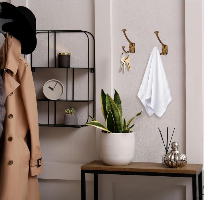 Antique Brass Hooks Large Wall Mounted Decorative Solid Heavy-Duty Double-Sided Coat Hooks Triple Coat Hook Towels Coats Robes Towels Bag Bathroom Three Prong Coat Hook (2 Pack) - color: Antique Brass