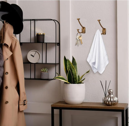 Antique Brass Hooks Large Wall Mounted Decorative Solid Heavy-Duty Double-Sided Coat Hooks Triple Coat Hook Towels Coats Robes Towels Bag Bathroom Three Prong Coat Hook (2 Pack) - color: Antique Brass