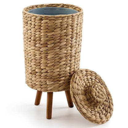 Tidita Wicker Trash Can with Lid, Decorative Bathroom Trash Can, 1.5 Gallon | Water Hyacinth Material, Wooden Legs, Removable Liner, Handwoven, Space-Saving Design, Assembly Required, Rustic & Boho Style - size: 1.5 Gallons