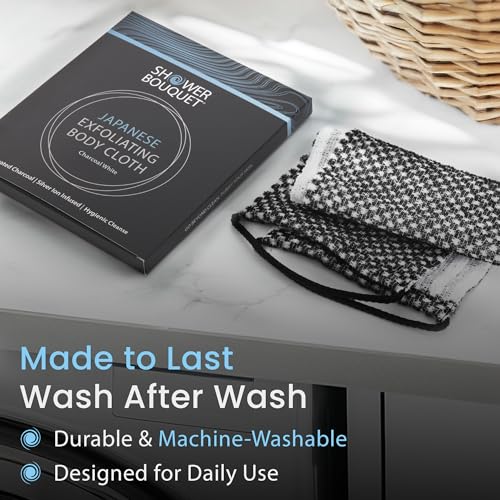 SHOWER BOUQUET Japanese-Exfoliating-Washcloth 2-Pack Charcoal & Silver Ion | Exfoliating Towel & Handles | 2-Sided Gentle Exfoliation & Deep Cleansing | Back & Body Wash Cloths for Shower | White + Blue - color: Charcoal Blue + Charcoal White, size: 1 Cou