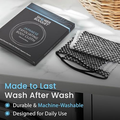 SHOWER BOUQUET Japanese-Exfoliating-Washcloth 2-Pack Charcoal & Silver Ion | Exfoliating Towel & Handles | 2-Sided Gentle Exfoliation & Deep Cleansing | Back & Body Wash Cloths for Shower | White + Blue - color: Charcoal Blue + Charcoal White, size: 1 Cou
