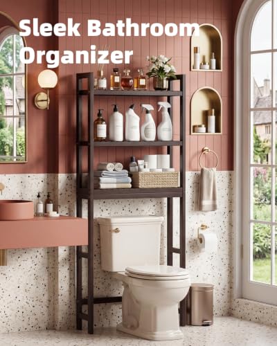 SMIBUY Bathroom Storage Shelf, Bamboo Over-The-Toilet Organizer Rack, Freestanding Toilet Space Saver with 3-Tier Adjustable Shelves (Dark Brown) - color: Dark Brown