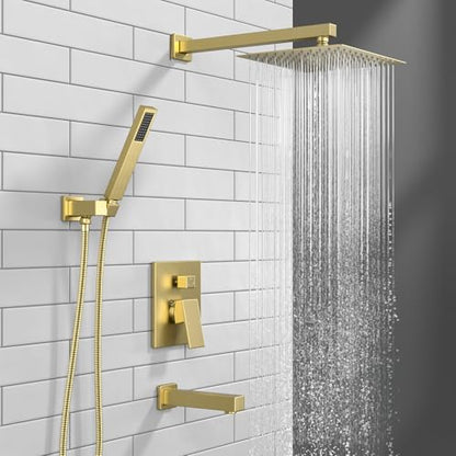 Lava Odoro Modern 3-Setting Square Shower and Tub Faucet Set with Shower Head and Handheld Sprayer Gold, Rainfall Shower System with Tub Spout, Shower Valve Trim Kit, Brushed Gold, SF103-SG-T - color: Brushed Gold, style: With Tub Spout