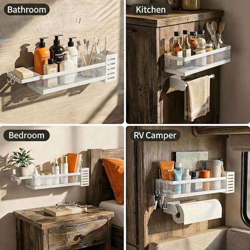 PUSDON 5-in-1 Wide Wall Mount Wrapped Mesh Kitchen Organizer & Shower Caddy Kit, with Paper Towel Holder, Utensil Holder, Soap Dish, Heavy Duty 50LBS - White, Netting - color: White, size: 5-in-1 Full Mesh (12.6" Wide)