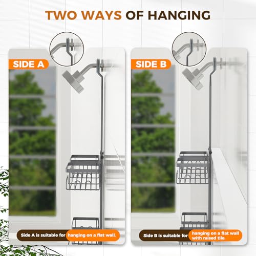 REINHARDT Split Shower Caddy Hanging for Handheld Showerheads, Grey | Adjustable Shower Organizer, Rustproof, 16 Hooks, Soap Holder, 40lbs Capacity, Anti-Slip, Tool-Free, Bathroom Accessories - color: Grey