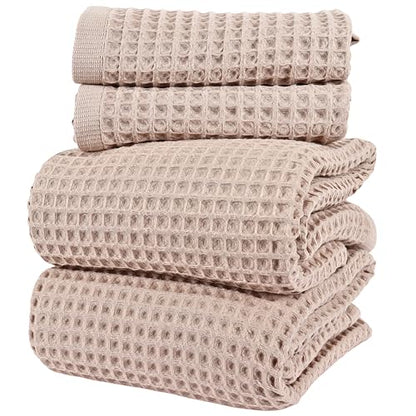 PÜSKÜL Natural 100% Turkish Cotton Waffle Towels Set of 4-Piece, Beige | 2-Bath sheet (Extra-large 32x63") and 2-Hand towel (Large 32x16"). Premium honeycomb-waffle weave, oeko-tex made in Turkiye. - color: Beige