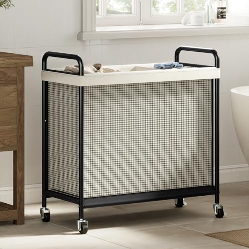 WOWLIVE Rolling Laundry Hamper 3 Section, 120L Laundry Basket with Wheels | Laundry Sorter with Metal Handle and Removable Bag, Clothes Hamper for Laundry Room, Bathroom and Dorm, Beige - size: 3-Section