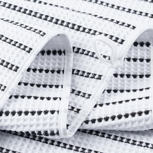 POLYTE 430 GSM Poly Blend Microfiber Quick Dry Waffle Bath Towel Set of 6 | 2-Body Towels, 2-Hand Towels, 2-Wash cloths, Oversize, Lint Free - color: White/Black