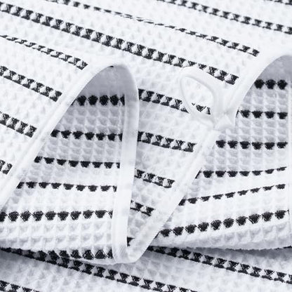 POLYTE 430 GSM Poly Blend Microfiber Quick Dry Waffle Bath Towel Set of 6 | 2-Body Towels, 2-Hand Towels, 2-Wash cloths, Oversize, Lint Free - color: White/Black