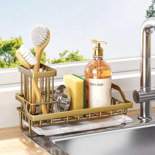 Consumest Sponge Holder for Kitchen Sink - Sink Caddy with Dish Brush Holder, Stainless Steel Kitchen Organizer with Drip Tray for Countertop, Darker Gold - color: Darker Gold