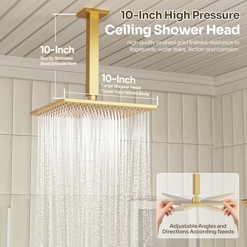 Gold Shower Faucet Set, Brushed Gold Shower System, 10'' Ceiling Shower Head and 6'' Wall Mounted ShowerHead, Dual Gold Shower Head with Handheld Combo, 3 In 1 Push Button Shower Diverter Valve - color: Brushed Gold