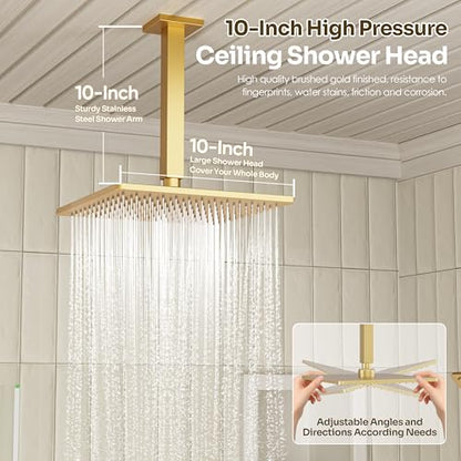 Gold Shower Faucet Set, Brushed Gold Shower System, 10'' Ceiling Shower Head and 6'' Wall Mounted ShowerHead, Dual Gold Shower Head with Handheld Combo, 3 In 1 Push Button Shower Diverter Valve - color: Brushed Gold