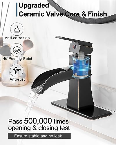 Brass Bathroom Waterfall Faucet, Oil Rubbed Bronze Bathroom Faucet 1 Hole or 3 Holes (4 Inch), Single Handle with Deck Plate, Pop-Up Drain & Water Hoses for RV Vanity Farmhouse, 5 Mins Install - color: Oil Rubbed Bronze