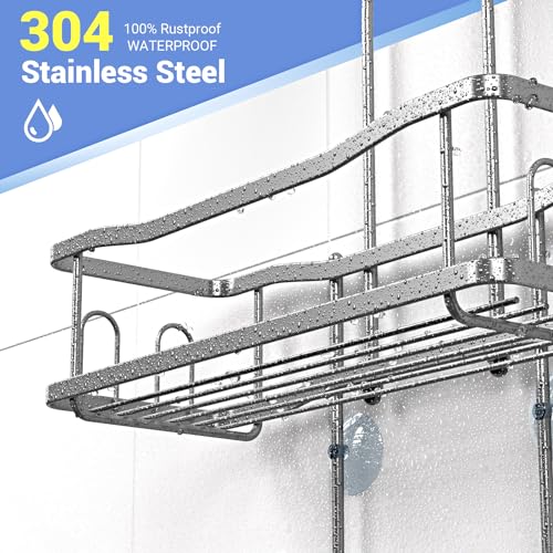 Aitatty Hanging Shower Caddy Bathroom Organizer: Rustproof Shower Shelf Racks Over Shower Head - No Drilling Inside Bath Shower Rack Shelves Over Showerhead for Shampoo with Soap Holder Silver | Includes Soap Holder and Hooks for Shampoo, Conditioner, and