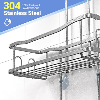 Aitatty Hanging Shower Caddy Bathroom Organizer: Rustproof Shower Shelf Racks Over Shower Head - No Drilling Inside Bath Shower Rack Shelves Over Showerhead for Shampoo with Soap Holder Silver | Includes Soap Holder and Hooks for Shampoo, Conditioner, and