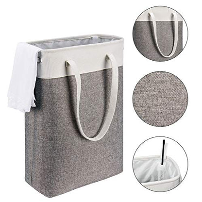 Laundry Basket with Handles white&Grey Coffee-Slim Laundry Bin Collapsible Dirty Clothes Basket Narrow Laundry Bag Foldable Dirty Hamper for Camping, Dorms, Apartments - color: white&Grey Coffee