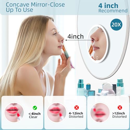 20X Concave Magnifying Mirror with Lights, 3-Color Light Adjustable Brightness, 6inch Travel Magnified Mirror with Suction Cups, Large 20x High Makeup Magnification and Tweezers - color: Pink-20x
