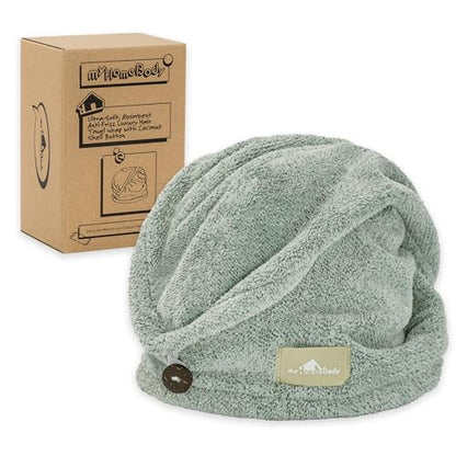 myHomeBody Hair Towel Wrap, Quick Drying Turban, Absorbent Cap – Green | Hair Turban Towel for wet hair, Ultra Soft Charcoal Fiber Cap, Towel Head Wrap for bathing with Coconut Shell Button - color: Pine Green