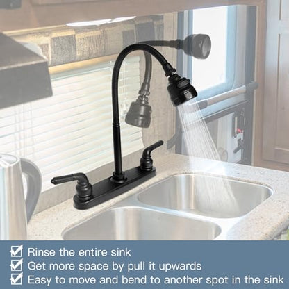 RV Kitchen Faucet,Camper RV Kitchen Sink Faucet Replacement,8 inch 2 Hole | RV Sink Faucet w/ 2 Handles Flexible Spout 360 Swivel Rotatable Tri-Function Sprayer for Motorhome,Trailer,Non-Metallic,Black - color: Black