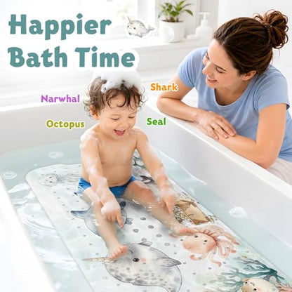 Baby Bath Mat for Tub Non Slip Kids, BPA Free Extra Long Bathtub Mat 40x16 with Drain Holes and 200 Suction Cups, Non Toxic Machine Washable Toddler Bath Mat, Eco-Friendly Certified - color: X-narwhal