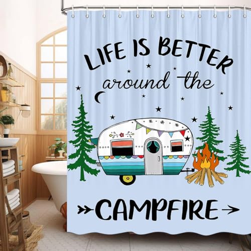 JAWO RV Happy Camper Shower Curtain for Travel Trailer, Farmhouse Style - 60" W x 70" H, Aqua - Hooks Included - color: Multi2, size: 60"W x 70"L (Pack of 1)