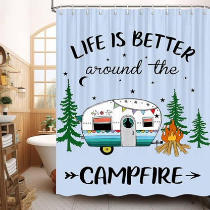 JAWO RV Happy Camper Shower Curtain for Travel Trailer, Farmhouse Style - 60" W x 70" H, Aqua - Hooks Included - color: Multi2, size: 60"W x 70"L (Pack of 1)