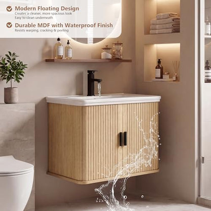 24 Inch Floating Bathroom Vanity with Sink, Wall Mounted Bath Vanity Combo with Fluted Sliding Doors, Small Space Bathroom Cabinet with Ceramic Vessel Sink, Faucet & Drain Included (Natural Oak)