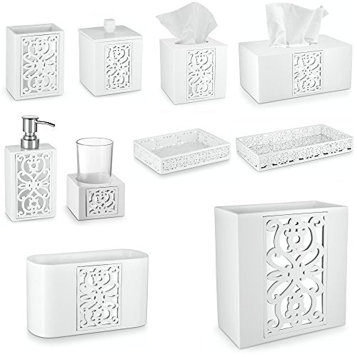 Creative Scents Mirror Janette White 6 Piece Bathroom Accessories Set | Includes Trash can, Tissue Box Cover, Soap Dispenser, Toothbrush Holder, Tumbler Cup & Soap Dish