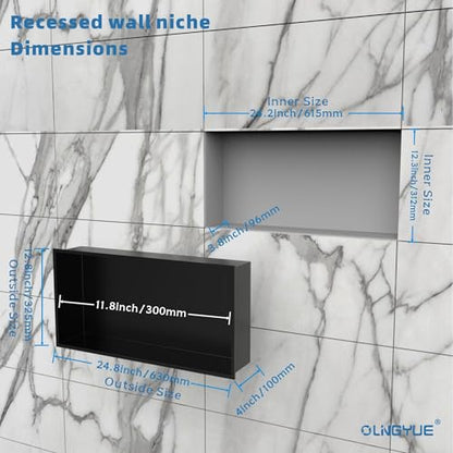 Shower Niche Stainless Steel: No Tile Needed - 24"x12" Recessed Wall Niche Shelf for Bathroom Kitchen Toilet Living Room Storage - Matte Black - color: Matte Black