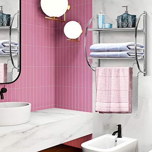 Tangkula Wall Mount 2 Tier Bathroom Shelf with Bars, 18" W X 10" D X 22" H, Home Toilet Double Layer Rustproof Chrome Shelf - color: Silver