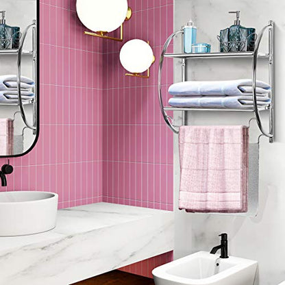 Tangkula Wall Mount 2 Tier Bathroom Shelf with Bars, 18" W X 10" D X 22" H, Home Toilet Double Layer Rustproof Chrome Shelf - color: Silver
