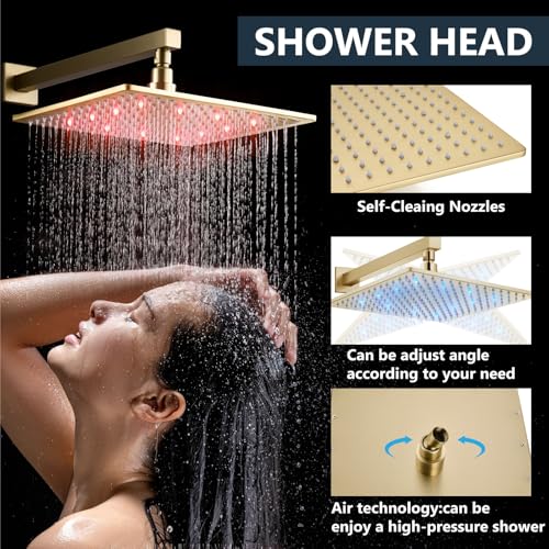 Aolemi Shower Faucet Set with Valve Handheld 12" LED Head Brushed Gold | Handheld Spray,12 Inch Rain LED Head,Valve and Trim Kit,All Metal,Wall Mount Shower System,Bathroom Mixer - color: Gold, size: 12 Inch LED Shower Head