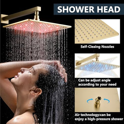 Aolemi Shower Faucet Set with Valve Handheld 12" LED Head Brushed Gold | Handheld Spray,12 Inch Rain LED Head,Valve and Trim Kit,All Metal,Wall Mount Shower System,Bathroom Mixer - color: Gold, size: 12 Inch LED Shower Head