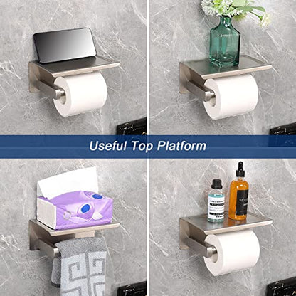 NearMoon Toilet Paper Holder with Shelf, Heavy Duty Bath Toilet Roll Holder with Phone Shelf Tissue Hanger for Bathroom/Kitchen No Drill or Wall Mounted(304 Stainless Steel, Brushed Nickel) - color: Brushed Nickel