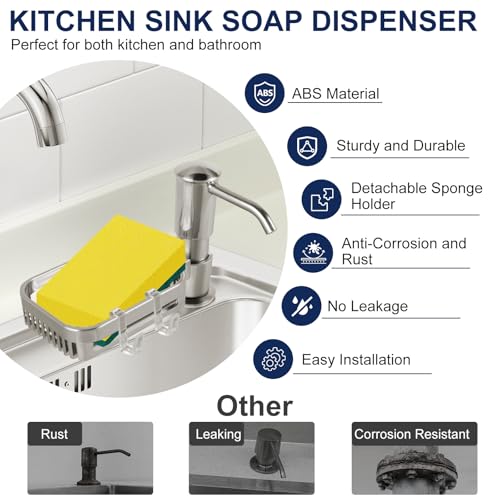 Soap Dispenser for Kitchen Sink, Built in Sink Soap Dispenser Pump with Sponge Holder, Brushed Nickel ABS Sink Dish Soap Dispensers Under Counter, with 39" Extension Tube Kit,No Refill Needed - color: Brushed Nickel