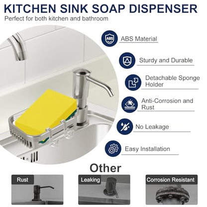 Soap Dispenser for Kitchen Sink, Built in Sink Soap Dispenser Pump with Sponge Holder, Brushed Nickel ABS Sink Dish Soap Dispensers Under Counter, with 39" Extension Tube Kit,No Refill Needed - color: Brushed Nickel