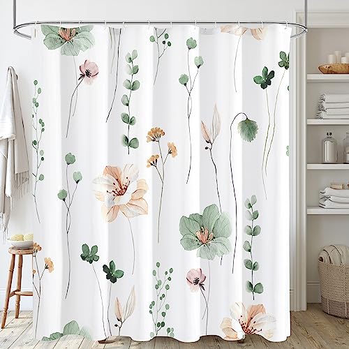 Gibelle Watercolor Floral Shower Curtain, Sage Green Beige Flower Shower Curtain for Bathroom, Modern Minimalist White Waterproof Fabric Shower Curtain Set 72x72 Inch - color: Sage Green, size: 72"W x 72"L (Pack of 1)