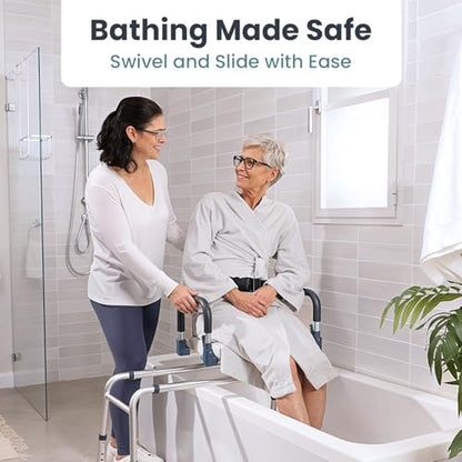 Sliding Shower Chair Tub Transfer Bench with Swivel Seat, Shower Bench for Elderly and Disabled, with Security Belt, 360 Rotation, Slides and Rotates, Adjustable,one Touch Slide Button, Dark Blue - color: Dark Blue