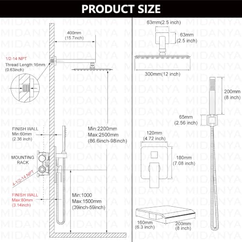 Midanya Shower System with Tub Spout,Bathtub Shower Faucet Set with Square Rainfall Head and Handheld Sprayer Wall Mount Tub Faucet Set with Valve and Trim Kit,12 Inch Matte Black - color: Matte Black, size: 12 Inch