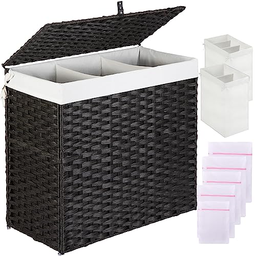 Greenstell Laundry Hamper with Lid, 125L Large Clothes Hamper with 3 Section & 2 Section Removable Liner Bags & 5 Mesh Laundry Bags, Handwoven Synthetic Rattan Divided Laundry Basket, Black - color: Black