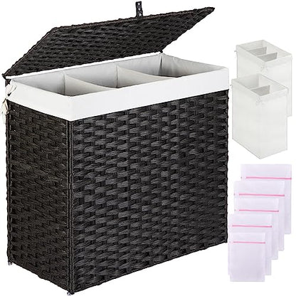 Greenstell Laundry Hamper with Lid, 125L Large Clothes Hamper with 3 Section & 2 Section Removable Liner Bags & 5 Mesh Laundry Bags, Handwoven Synthetic Rattan Divided Laundry Basket, Black - color: Black