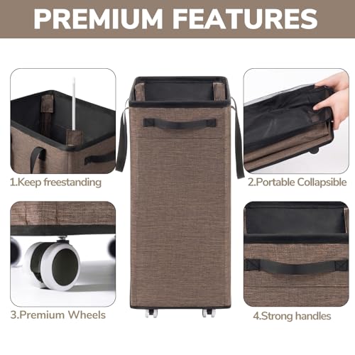Goodpick 75L Collapsible Laundry Baskets with Removable Wash Bag and Wheels | Laundry Basket with Wheels, Rolling Laundry Hamper with Handle for College Dorm, Laundry Hamper on Wheels, Light Brown - color: Light Brown