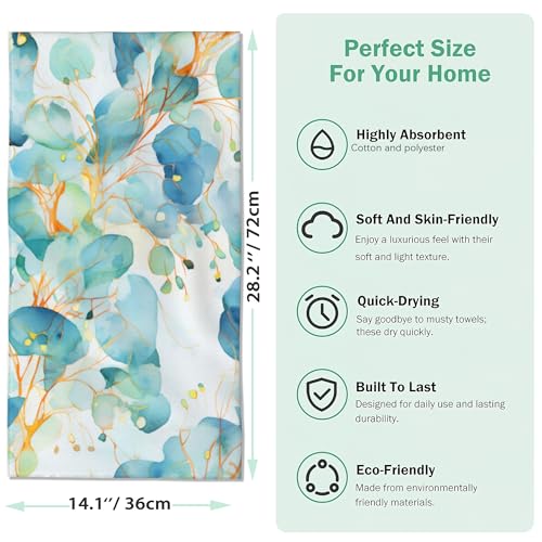 2 Pack Hand Bath Towel,Teal Eucalyptus Leaves Decorative Bath Towel Set,Fingertip Towel Bathroom Kitchen Highly Absorbent SPA Gym Towels 14x28 Inch