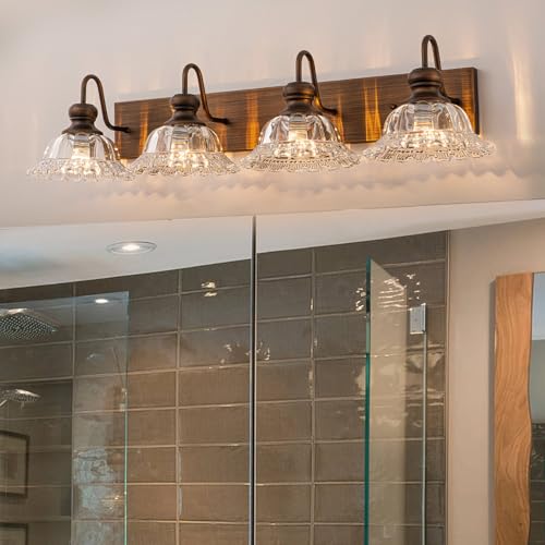 EDISLIVE ORB 4-Light Vintage Vanity Light for Bathroom Bath Wall Light Fixture with Clear Flower Glass Shades 33.74" E26 Antique Wall Sconce for Bedroom Hallway Living Room Vanity Mirror - color: ORB-A, size: 4 Light